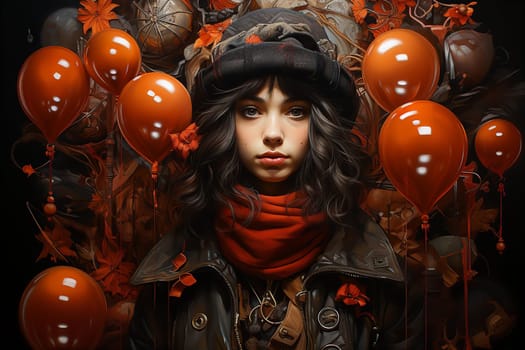 Young girl in hat with orange balloons portrait. Holiday decor concept. AI generated