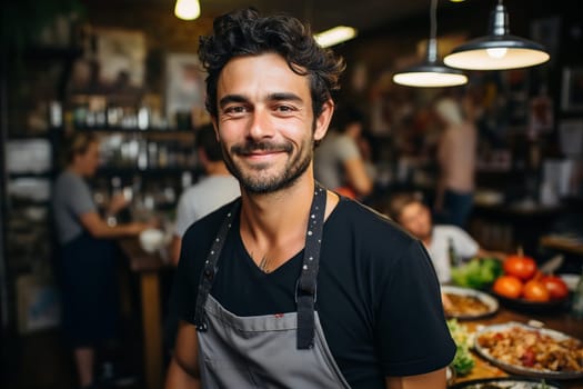 Portrait of male waiter in apron in cafe portrait. Service in restaurant concept. AI generated