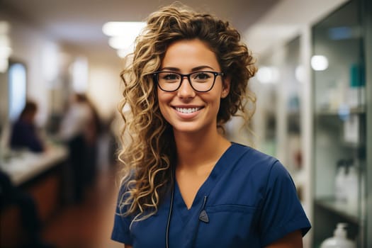 Woman doctor wearing glasses smiling in clinic portrait. Healthcare concept. AI generated