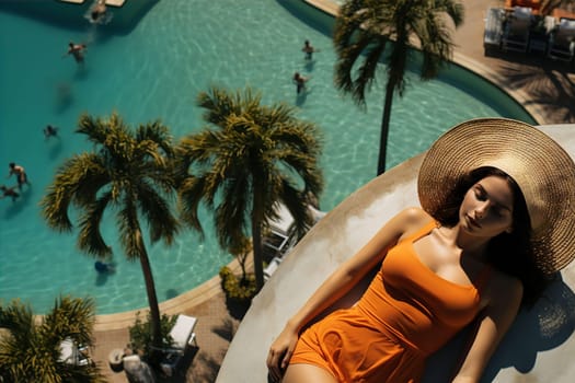 Young woman in hat sunbathing near swimming pool in summer. Holidays at resort concept. AI generated