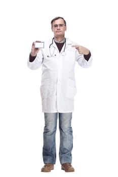 full-length. qualified doctor showing his visiting card. isolated on a white background.