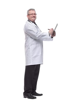 Side view of male doctor whit a clipboard with stethoscope and wearing glasses isolated on white background