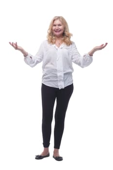 in full growth. smiling mature woman in a beautiful white blouse. isolated on a white background.