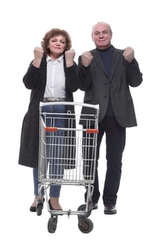 in full growth. elderly couple with a shopping cart . isolated on a white background
