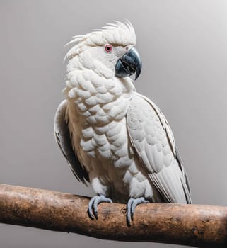 A white parrot is perched on a branch. The bird has a red beak and is looking to the right