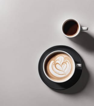 A white coffee cup with a heart design sits on a black plate