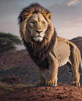 A lion stands on a rocky hillside, looking out over the landscape. Concept of strength and power, as the lion is the king of the jungle