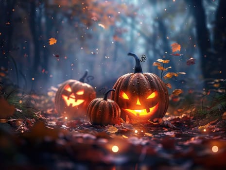 Glowing Halloween Jack o lantern pumpkins with carved faces on smoky, fiery background. Autumn leaves and sparkles in air create spooky atmosphere. Halloween night celebration concept. Ai generation.