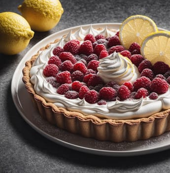 A lemon and raspberry tart with a lemon slice on top. The tart is served on a white plate