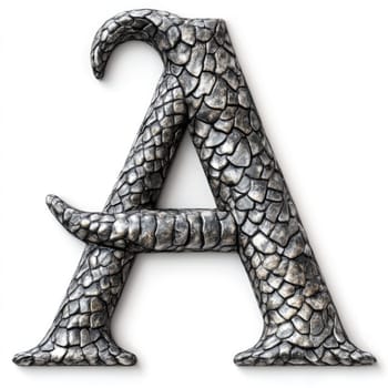 A detailed letter A featuring a reptile-like texture, showcasing intricate designs in shades of silver and gray.