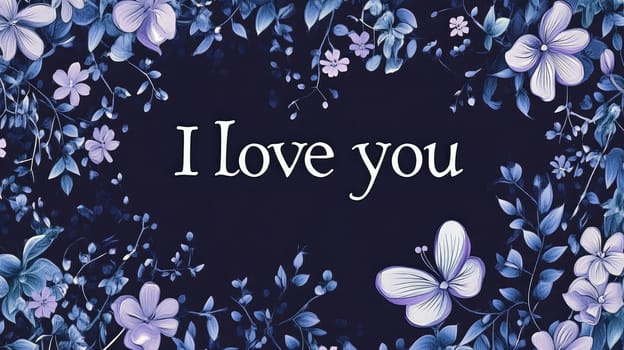 Elegant design featuring “I love you” surrounded by purple flowers and a butterfly against a dark background.