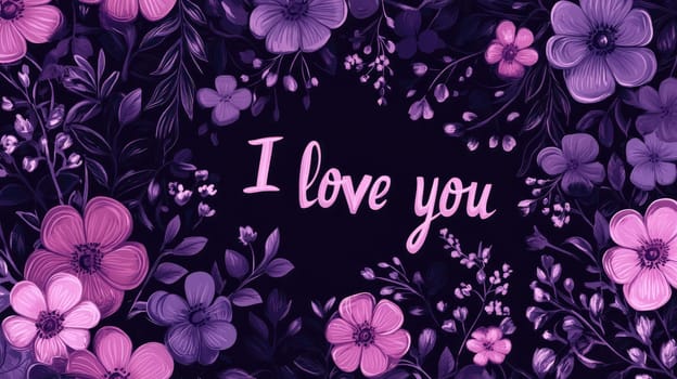 A vibrant display of purple flowers surrounds the heartfelt message I love you, creating a romantic atmosphere.