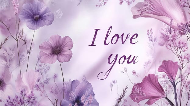 A beautiful arrangement of purple flowers surrounds the phrase I love you on a delicate background.