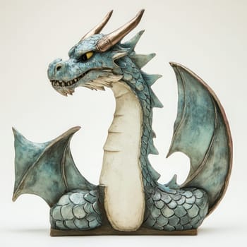 This intricate dragon sculpture displays blue scales and striking horns, showcasing expert craftsmanship and attention to detail.