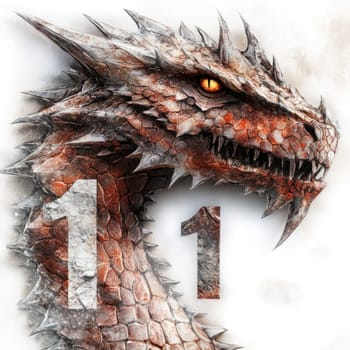 A detailed dragon head displays sharp teeth and glowing eyes, surrounded by artistic textures and the number one featured prominently.