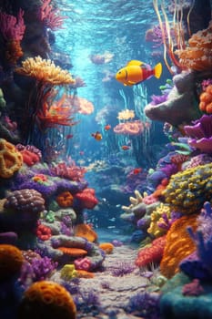 A diverse coral reef filled with various colorful corals and tropical fish swimming among the vibrant sea life.