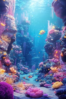 A lively underwater coral reef filled with diverse fish, corals, and aquatic plants, showcasing vibrant colors and textures in a crystal-clear ocean.