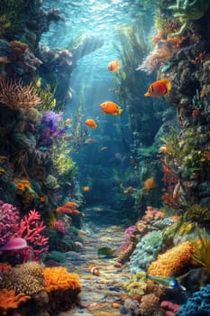 An underwater landscape features a diverse coral reef teeming with colorful fish and marine life, illuminated by sunlight filtering through the water.
