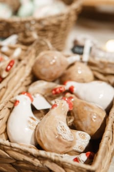 Sale of handmade ceramic Christmas tree toys at the Christmas Fair. Black Friday for the winter holidays
