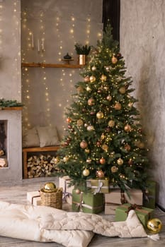 Home New Year's interior. Christmas tree with gifts, decorated with garlands. Cozy atmosphere of a home holiday, loft design of the room, Scandinavian style