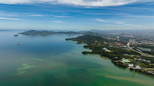 Aerial drone of city of Kota Kinabalu on the island of Borneo. Sabah, Malaysia.