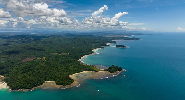 Top view of bays and lagoons with beaches on the coast of the island of Borneo. Sabah, Malaysia.