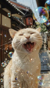 Playful white cat with heterochromia enjoying colorful bubbles in a sunny outdoor setting