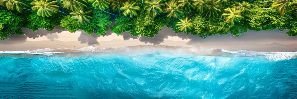 Aerial view of sunny beach with palm trees, capturing the serene coastal landscape