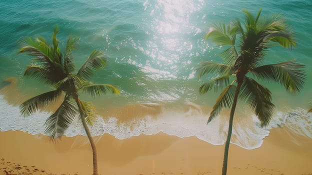 Aerial view capturing sunlit beach and abundant palm trees creating a tranquil tropical ambiance