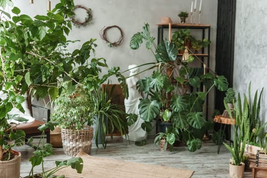 A fragment of the interior with a variety of indoor plants and plaster sculptures. Urban jungle concept. Biophilia design.