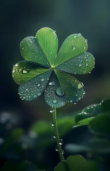 Closeup of fresh four-leaf clover with dewdrops in nature showcasing green leaves