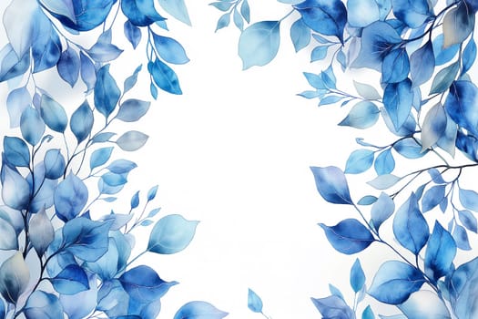 Elegant watercolor illustration of blue botanical leaves in a decorative foliage frame