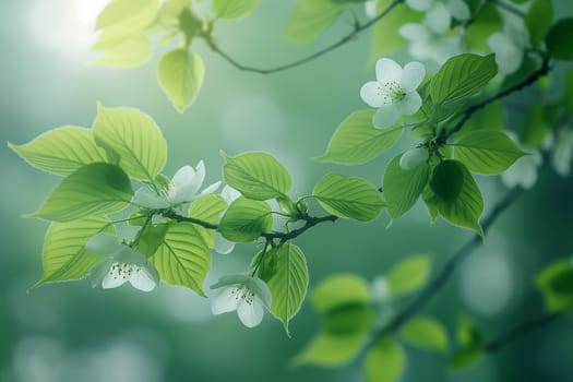 Blossom branch with petals and foliage in nature with green leaves outdoors