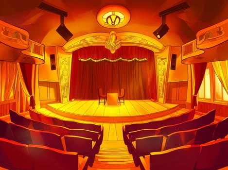 Theater stage with red curtains, spotlights, seats, and microphone for a performance in the auditorium