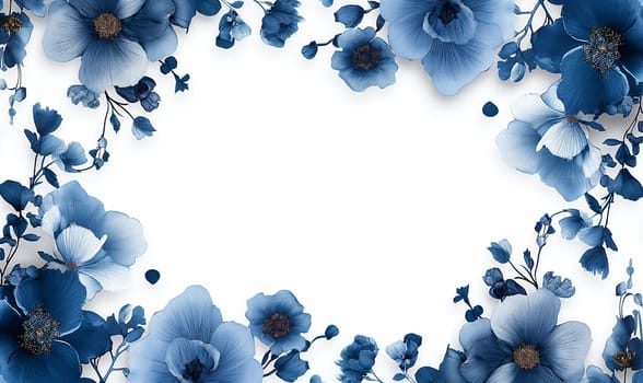 Elegant floral frame with blue blossoms and decorative petals for a vibrant botanical design