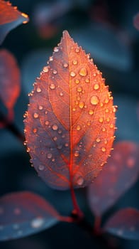 Macro closeup of a leaf with morning dew droplets reflecting autumn colors, showcasing nature's beauty