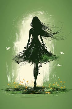 Silhouette of a woman in a dress illustration among nature, flowers, and grass in a green background