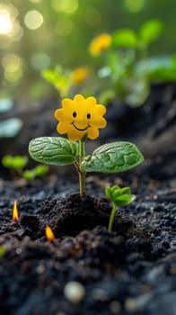 Happy smiley flower blooming in soil under sunlight showcasing nature's young growth during spring