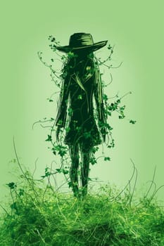 Silhouette of a woman with hat and ivy in green outdoor nature with grass, creating a mystery art