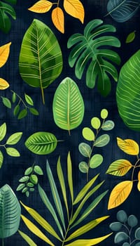 Tropical foliage pattern with green leaves and botanical illustration of jungle plants
