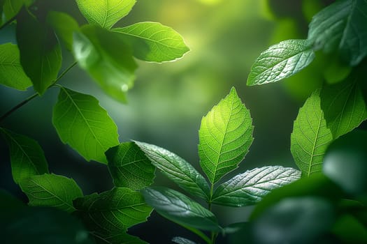 Nature leaves glowing in green sunlight with lush foliage and botanical jungle growth