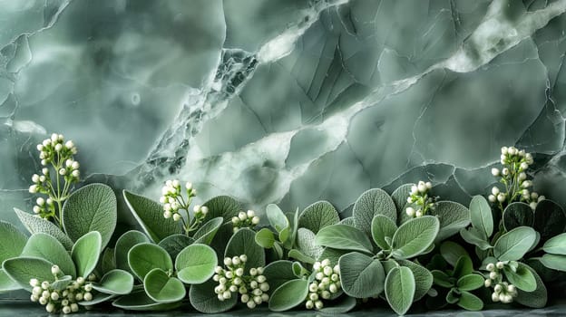 Green marble with leaves decoration, nature texture and floral pattern in a botanical design