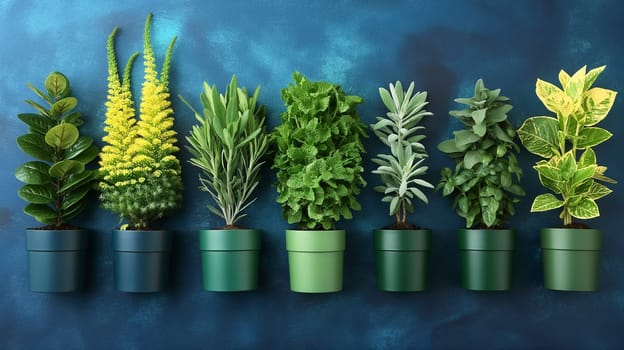 Vibrant interior garden with green leafy potted plants, herbs, and lush foliage for home decoration