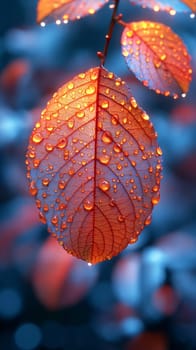 Orange leaf with dew drops in nature showcasing morning raindrops and vibrant macro texture