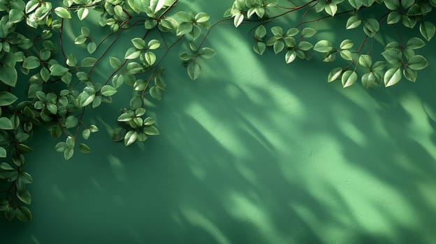 Leafy foliage casting shade on a green wall, featuring vines and a lush nature background