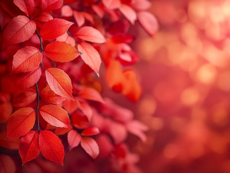Beautiful vibrant autumn leaves with red foliage in a forest scene during fall season sunlight