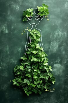 Illustration of a woman with ivy leaves dress on chalkboard - green, nature, art, and design