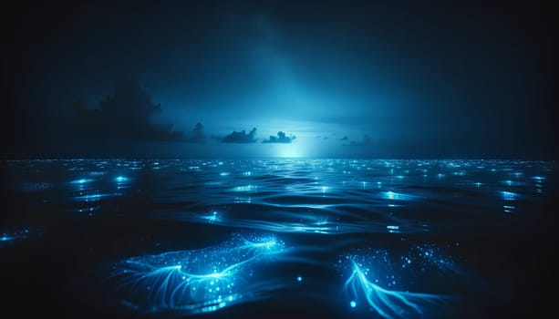 glowing marine bioluminescent plankton in the ocean at night.