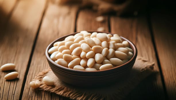 peeled cedar nuts in a dish in close-up on the wooden table.