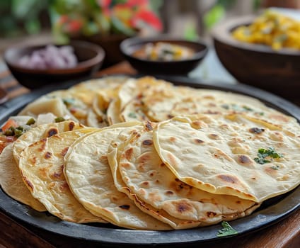 Delicious traditional Indian flatbread naan on a plate with fresh garnish